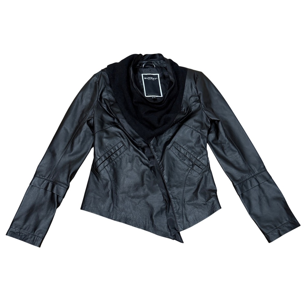 Runway New York Womens Genuine Leather Asymmetrical Draped Jacket‎ M Black Edgy